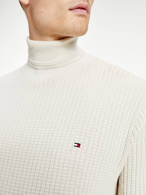 Beige Tommy Hilfiger Grid Check Roll Neck Jumper Men's Sweaters | TH963UFI