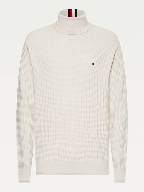 Beige Tommy Hilfiger Grid Check Roll Neck Jumper Men's Sweaters | TH963UFI