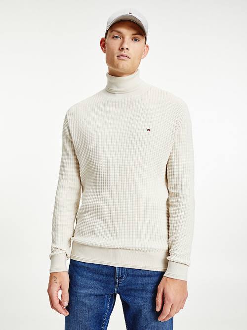 Beige Tommy Hilfiger Grid Check Roll Neck Jumper Men\'s Sweaters | TH963UFI