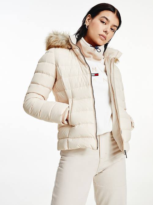 Beige Tommy Hilfiger Hooded Down Women\'s Jackets | TH647NMH