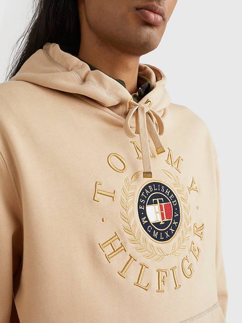 Beige Tommy Hilfiger Icons Logo Embroidery Men's Hoodie | TH835JDX