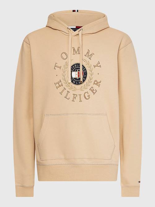 Beige Tommy Hilfiger Icons Logo Embroidery Men's Hoodie | TH835JDX