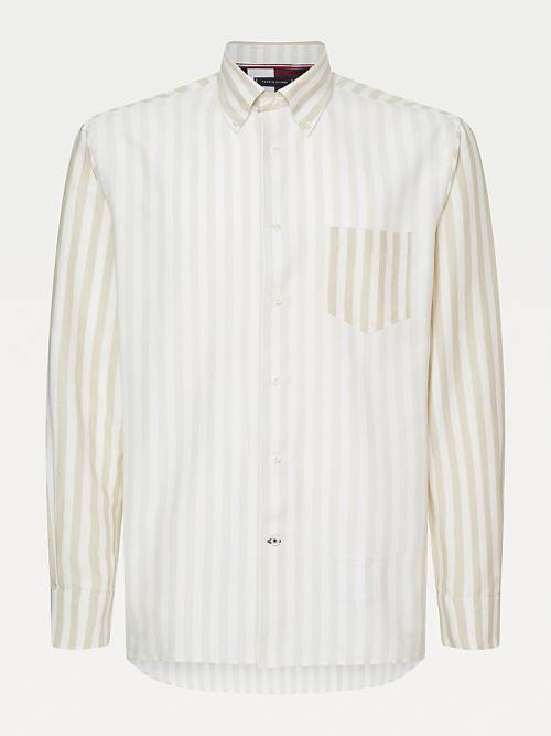 Beige Tommy Hilfiger Icons Stripe Relaxed Fit Cotton Men\'s Shirts | TH578KEH