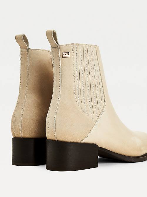 Beige Tommy Hilfiger Leather And Suede Zip-Up Ankle Women's Boots | TH603XNE