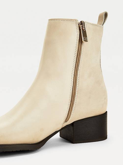 Beige Tommy Hilfiger Leather And Suede Zip-Up Ankle Women's Boots | TH603XNE