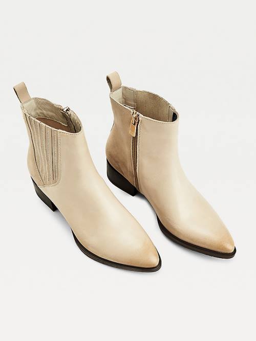 Beige Tommy Hilfiger Leather And Suede Zip-Up Ankle Women's Boots | TH603XNE