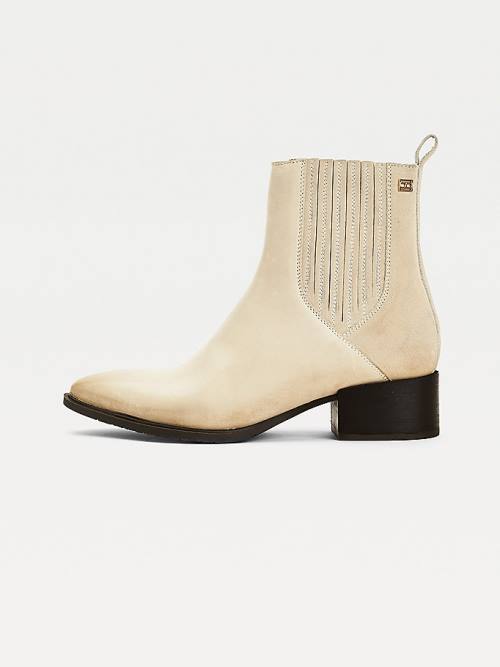 Beige Tommy Hilfiger Leather And Suede Zip-Up Ankle Women's Boots | TH603XNE