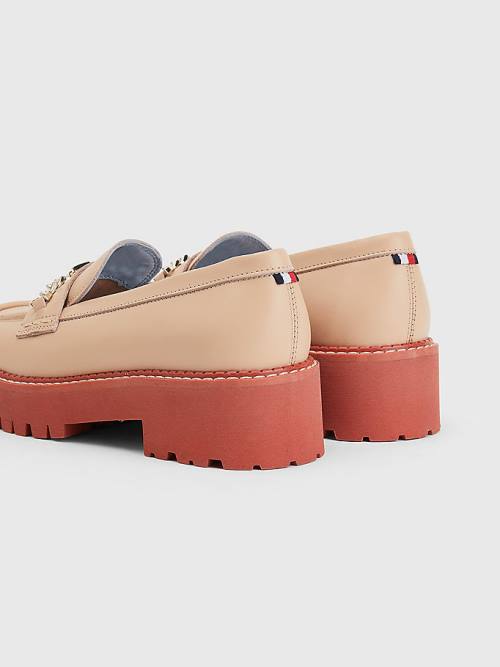 Beige Tommy Hilfiger Leather Chain Chunky Women's Loafers | TH845AJQ