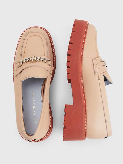 Beige Tommy Hilfiger Leather Chain Chunky Women's Loafers | TH845AJQ