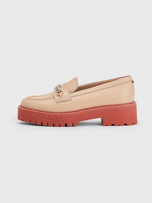 Beige Tommy Hilfiger Leather Chain Chunky Women's Loafers | TH845AJQ