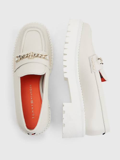 Beige Tommy Hilfiger Leather Chain Chunky Women's Loafers | TH930HVY