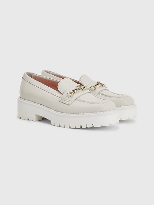 Beige Tommy Hilfiger Leather Chain Chunky Women\'s Loafers | TH930HVY