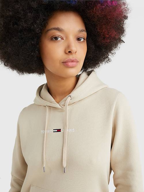 Beige Tommy Hilfiger Linear Logo Women's Hoodie | TH627ORI