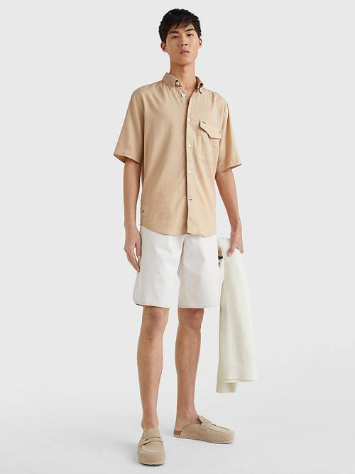 Beige Tommy Hilfiger Linen Blend Short Sleeve Men's Shirts | TH601NFC