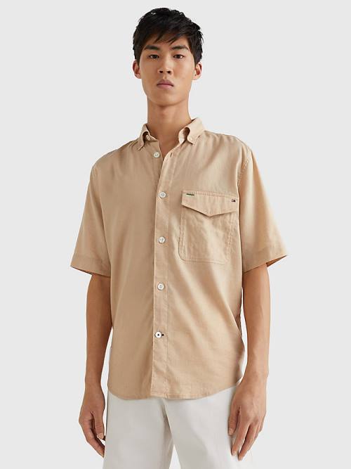 Beige Tommy Hilfiger Linen Blend Short Sleeve Men's Shirts | TH601NFC