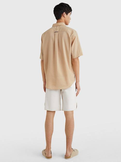 Beige Tommy Hilfiger Linen Blend Short Sleeve Men's Shirts | TH601NFC