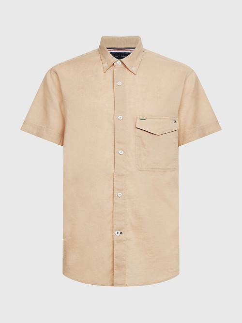 Beige Tommy Hilfiger Linen Blend Short Sleeve Men\'s Shirts | TH601NFC