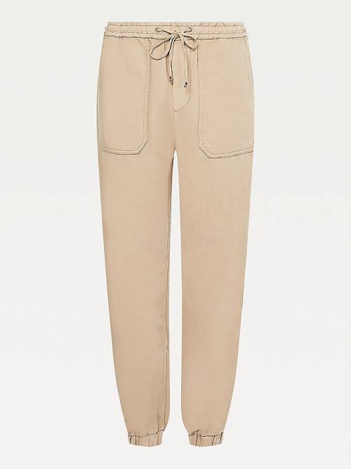 Beige Tommy Hilfiger Linen Cotton Tapered Pull-On Women's Pants | TH185TJC