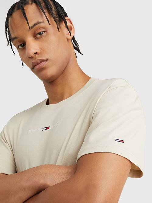 Beige Tommy Hilfiger Logo Flag Patch Men's T Shirts | TH319QTW