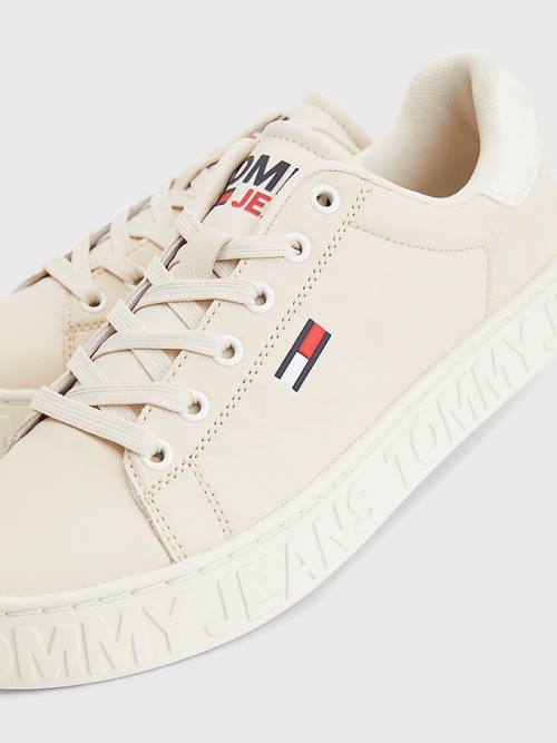 Beige Tommy Hilfiger Logo Leather Cupsole Women's Sneakers | TH194QFD