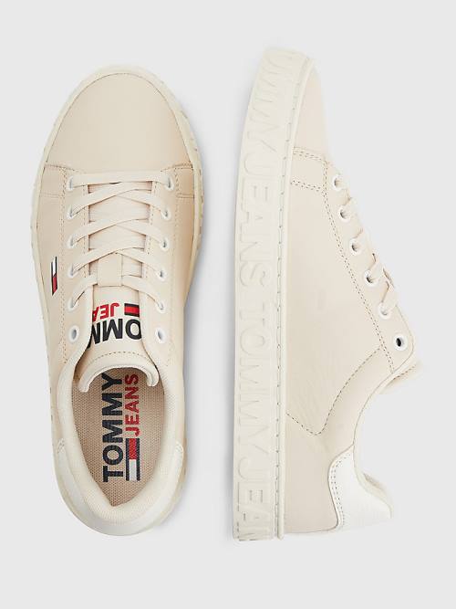 Beige Tommy Hilfiger Logo Leather Cupsole Women's Sneakers | TH194QFD