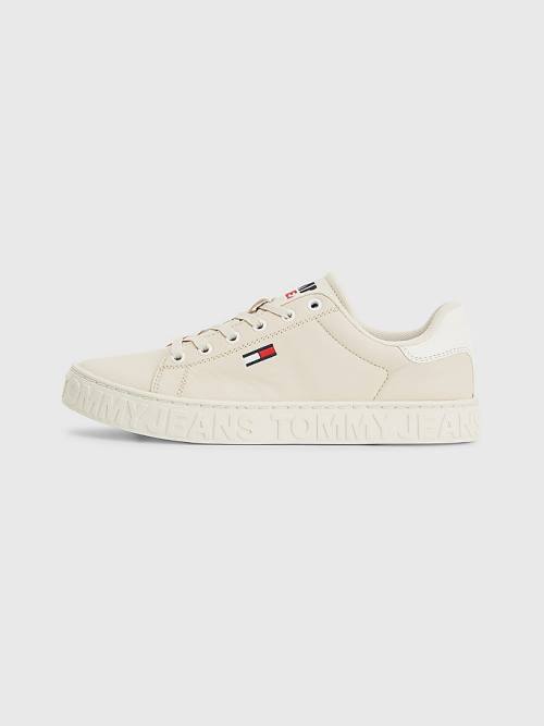 Beige Tommy Hilfiger Logo Leather Cupsole Women's Sneakers | TH194QFD