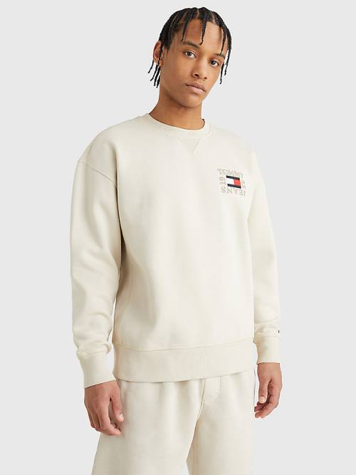 Beige Tommy Hilfiger Logo Patch Fleece Men\'s Sweatshirts | TH728OJW