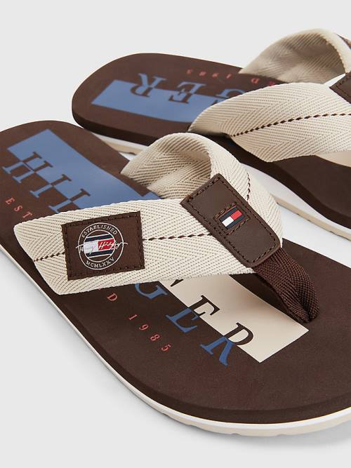 Beige Tommy Hilfiger Logo Patch Flip-Flops Men's Sandals | TH431CXJ