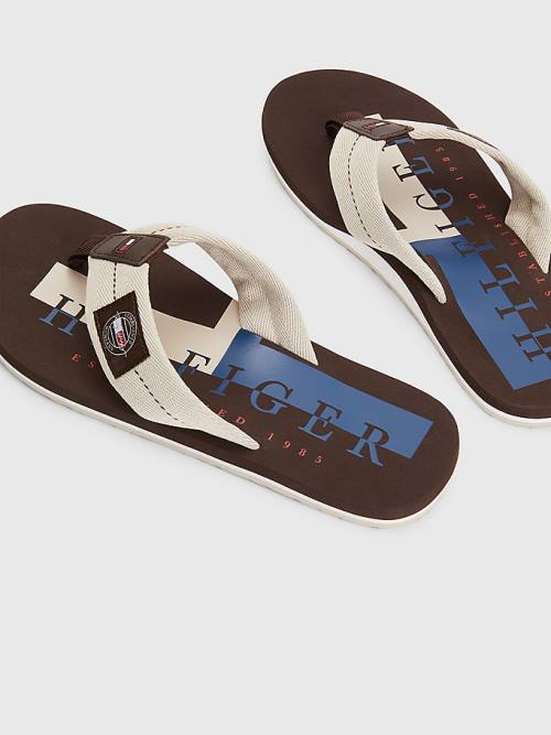 Beige Tommy Hilfiger Logo Patch Flip-Flops Men's Sandals | TH431CXJ