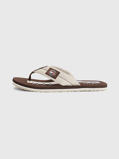 Beige Tommy Hilfiger Logo Patch Flip-Flops Men's Sandals | TH431CXJ