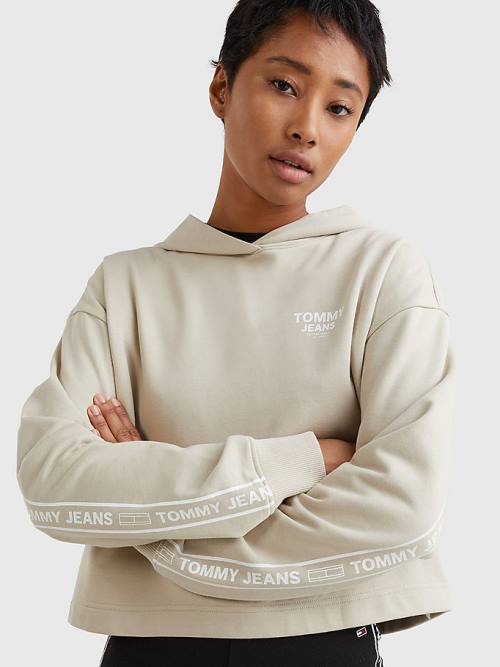 Beige Tommy Hilfiger Logo Tape Cropped Boxy Women's Sweatshirts | TH215OSH