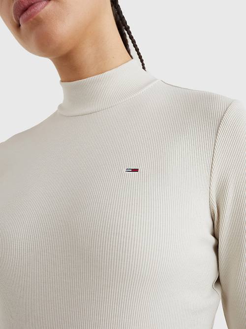 Beige Tommy Hilfiger Mock Neck Long Sleeve Women's T Shirts | TH896UQP