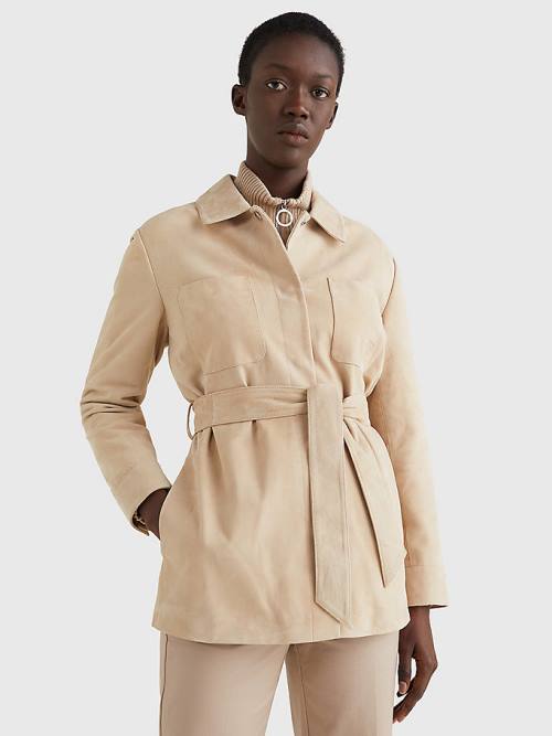 Beige Tommy Hilfiger Monogram Belted Suede Shacket Women\'s Jackets | TH359EAD