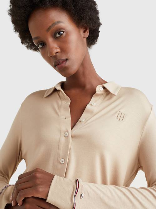 Beige Tommy Hilfiger Monogram Regular Fit Jersey Women's Shirts | TH035UIX