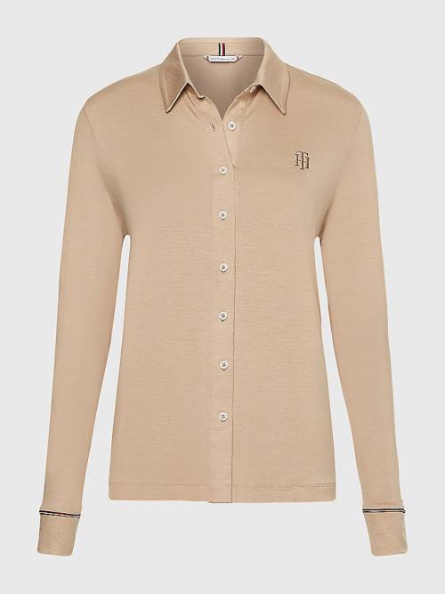 Beige Tommy Hilfiger Monogram Regular Fit Jersey Women's Shirts | TH035UIX