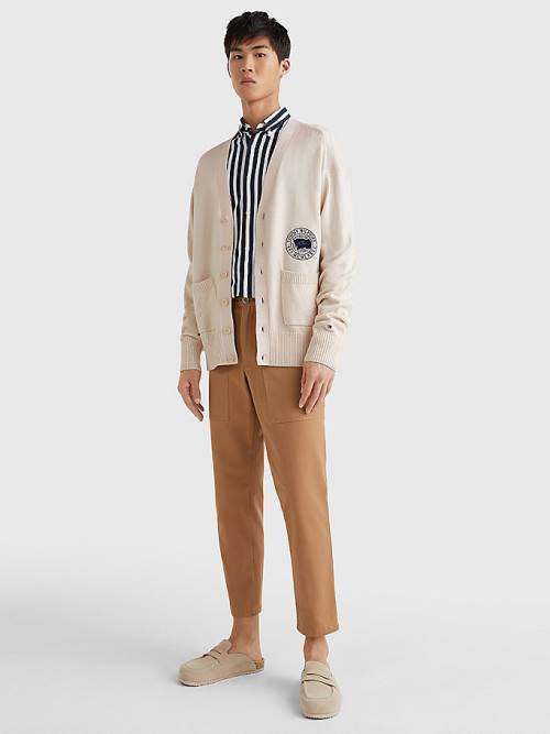 Beige Tommy Hilfiger Motion Flag Cardigan Men's Sweaters | TH839DQN