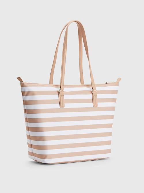 Beige Tommy Hilfiger Nylon Stripe Tote Women's Bags | TH831NVT