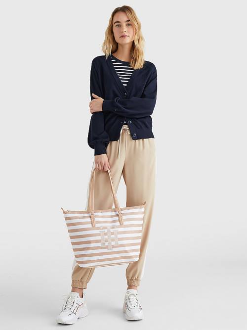 Beige Tommy Hilfiger Nylon Stripe Tote Women's Bags | TH831NVT