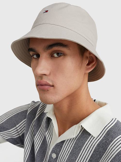 Beige Tommy Hilfiger Organic Cotton Flag Embroidery Bucket Men's Hats | TH482EUI