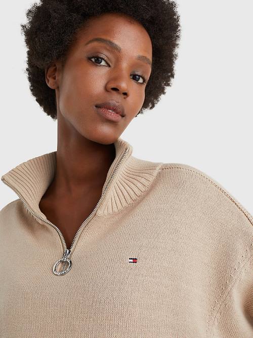 Beige Tommy Hilfiger Oversized Half-Zip High Neck Jumper Women's Sweaters | TH356QHT