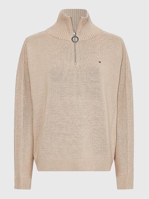 Beige Tommy Hilfiger Oversized Half-Zip High Neck Jumper Women's Sweaters | TH356QHT