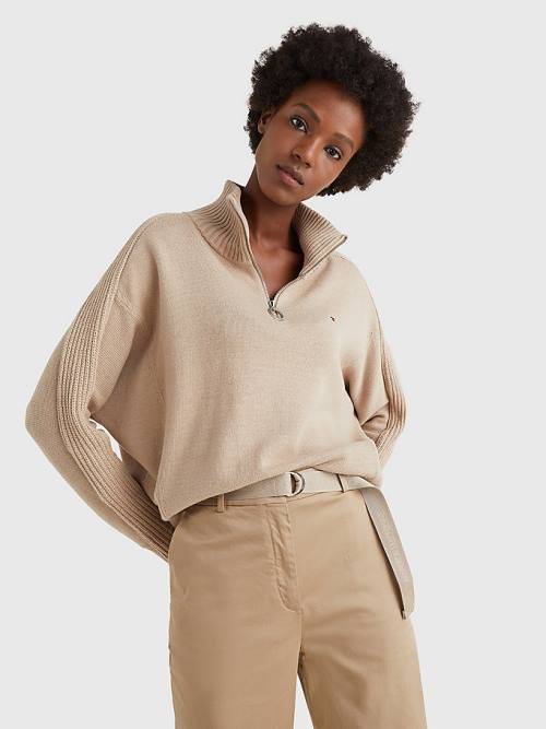 Beige Tommy Hilfiger Oversized Half-Zip High Neck Jumper Women\'s Sweaters | TH356QHT