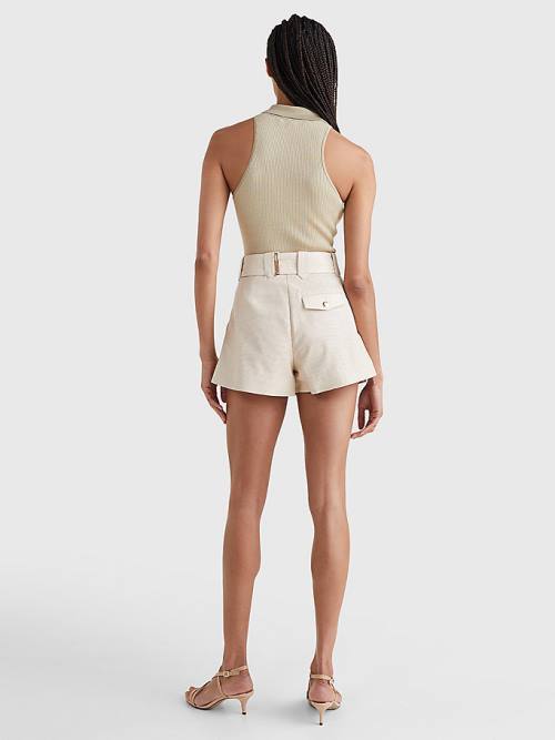 Beige Tommy Hilfiger Perforated Leather Utility Women's Shorts | TH619YUV