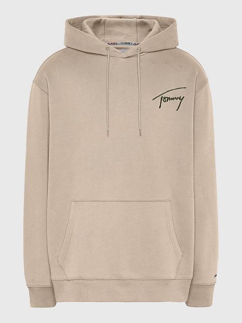 Beige Tommy Hilfiger Plus Signature Logo Relaxed Fit Men\'s Hoodie | TH345LBC