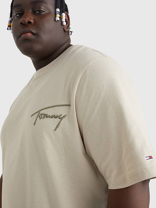 Beige Tommy Hilfiger Plus Signature Recycled Cotton Men's T Shirts | TH720WGQ