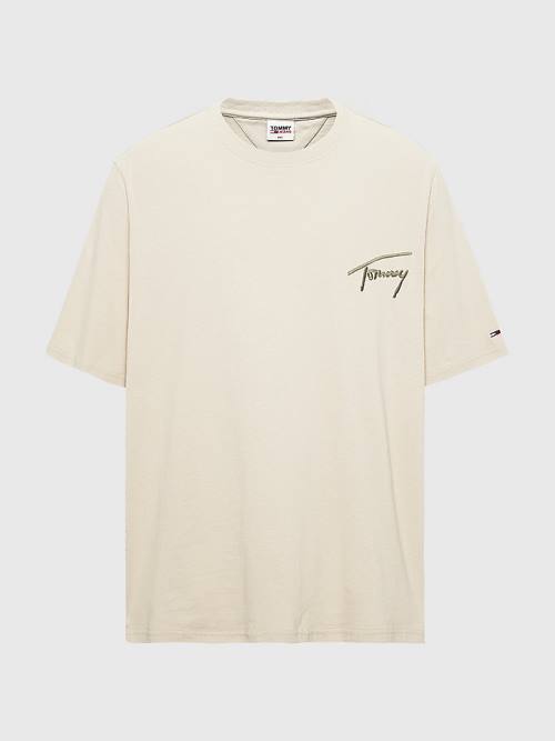 Beige Tommy Hilfiger Plus Signature Recycled Cotton Men's T Shirts | TH720WGQ