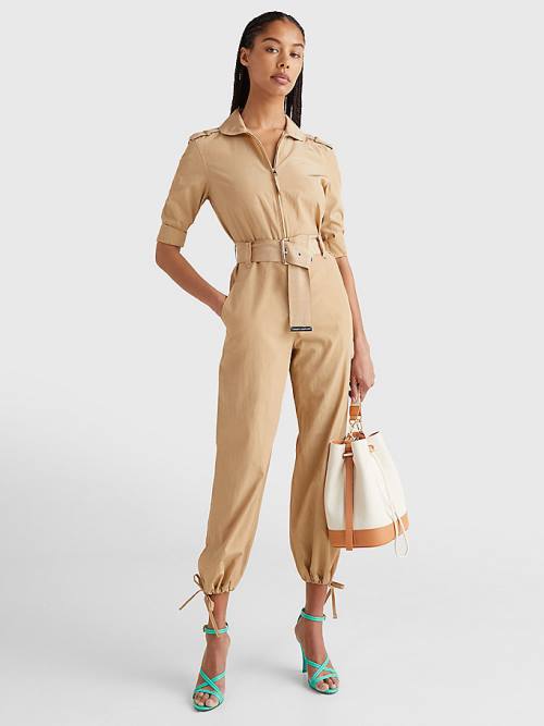 Beige Tommy Hilfiger Prep Belted Jumpsuit Women\'s Dress | TH398SJX