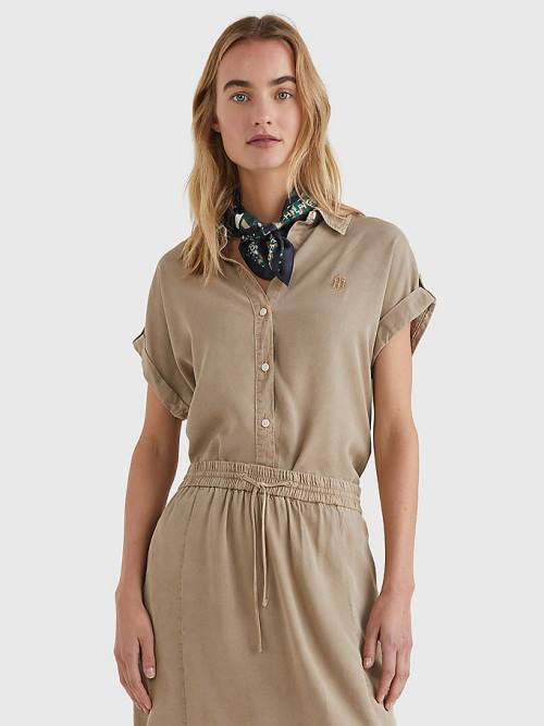 Beige Tommy Hilfiger Relaxed Fit Short Sleeve Women's Shirts | TH362BQF