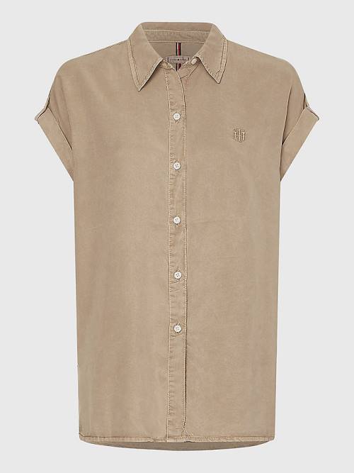 Beige Tommy Hilfiger Relaxed Fit Short Sleeve Women\'s Shirts | TH362BQF