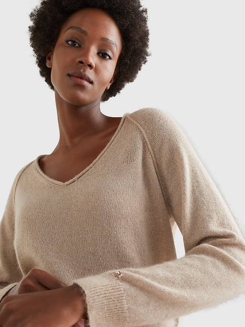 Beige Tommy Hilfiger Relaxed Fit V-Neck Jumper Women's Sweaters | TH756JED